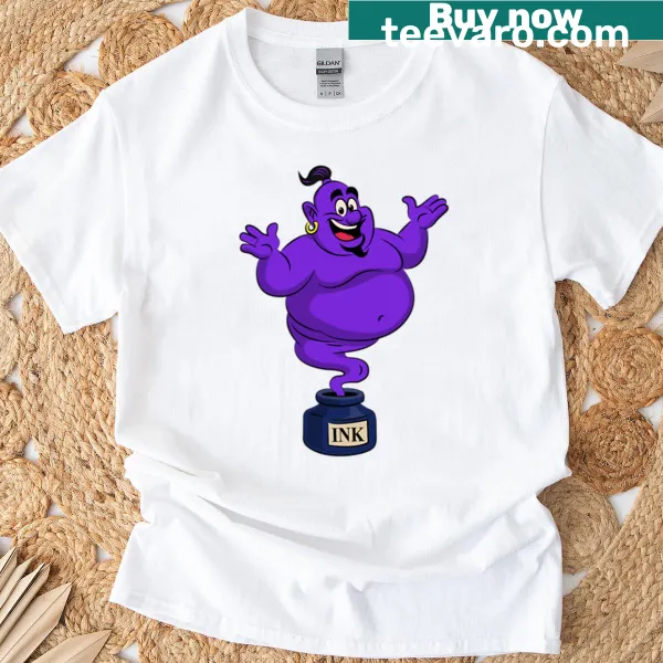 Cartoon genie emerging from an ink bottle on a funny t-shirt