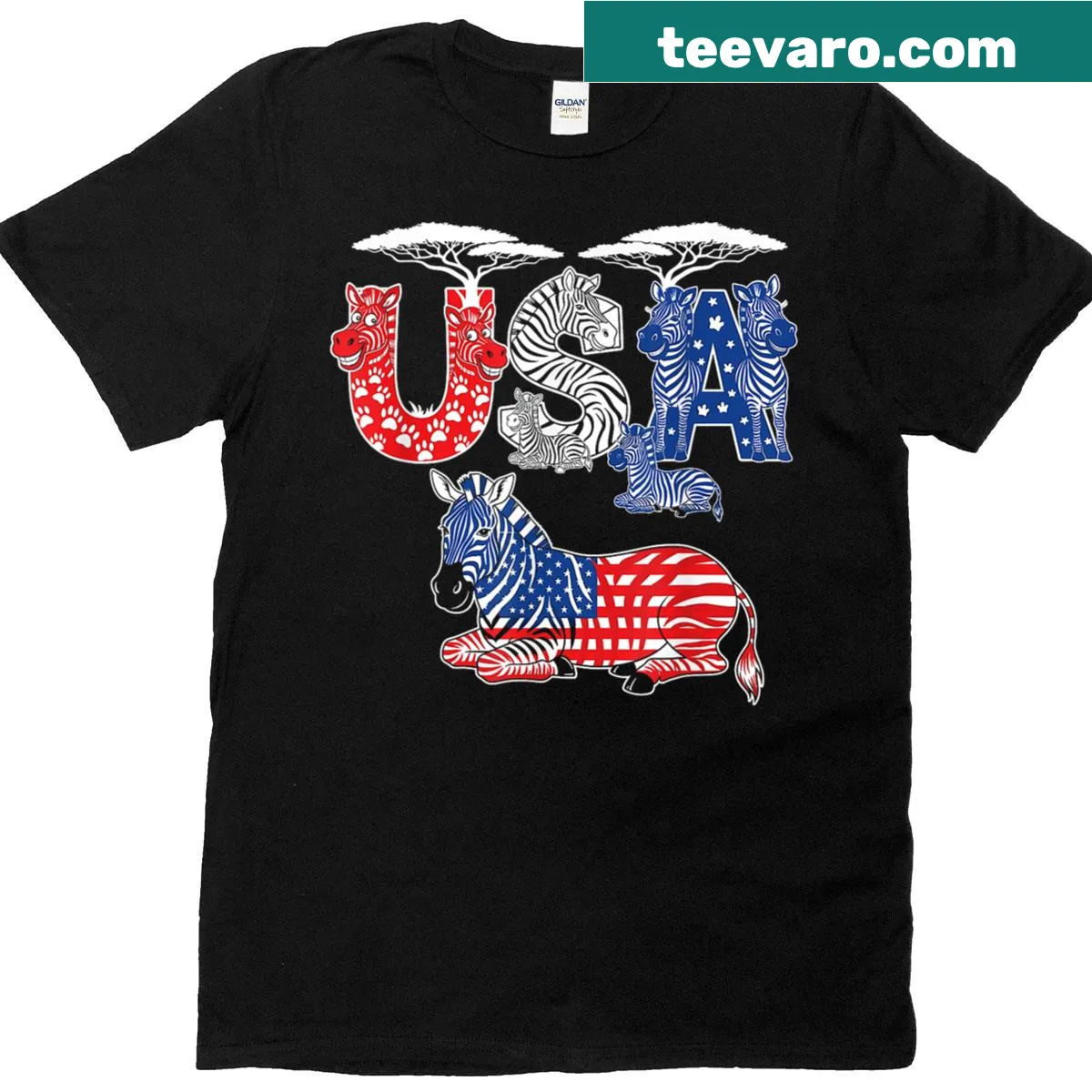 Patriotic T-shirt with zebra design wearing the American flag — on a men's t-shirt