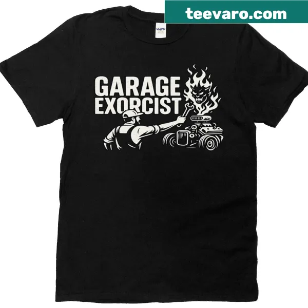Edgy mechanic t-shirt with Garage Exorcist badge design