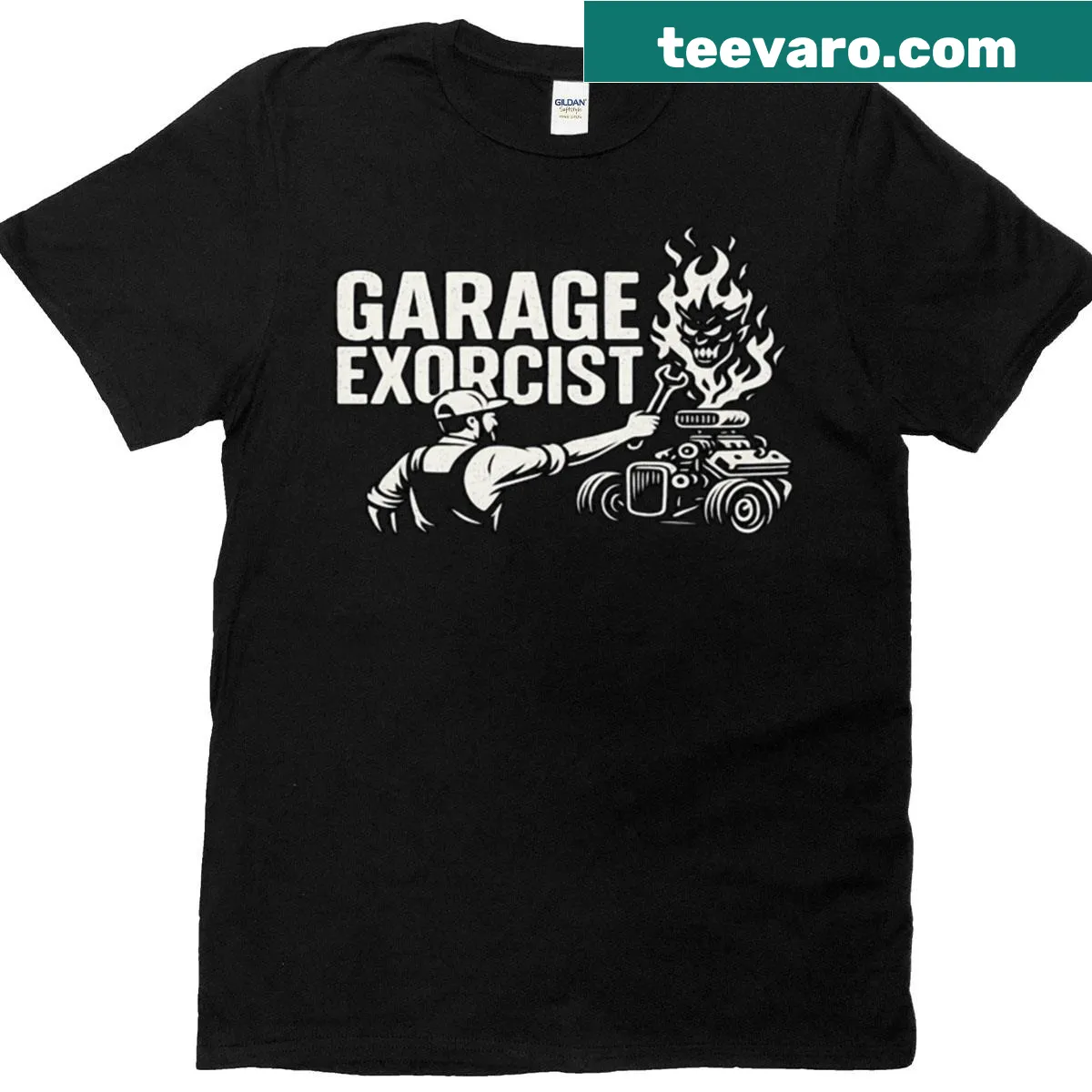 Edgy mechanic t-shirt with Garage Exorcist badge design — on a men's t-shirt