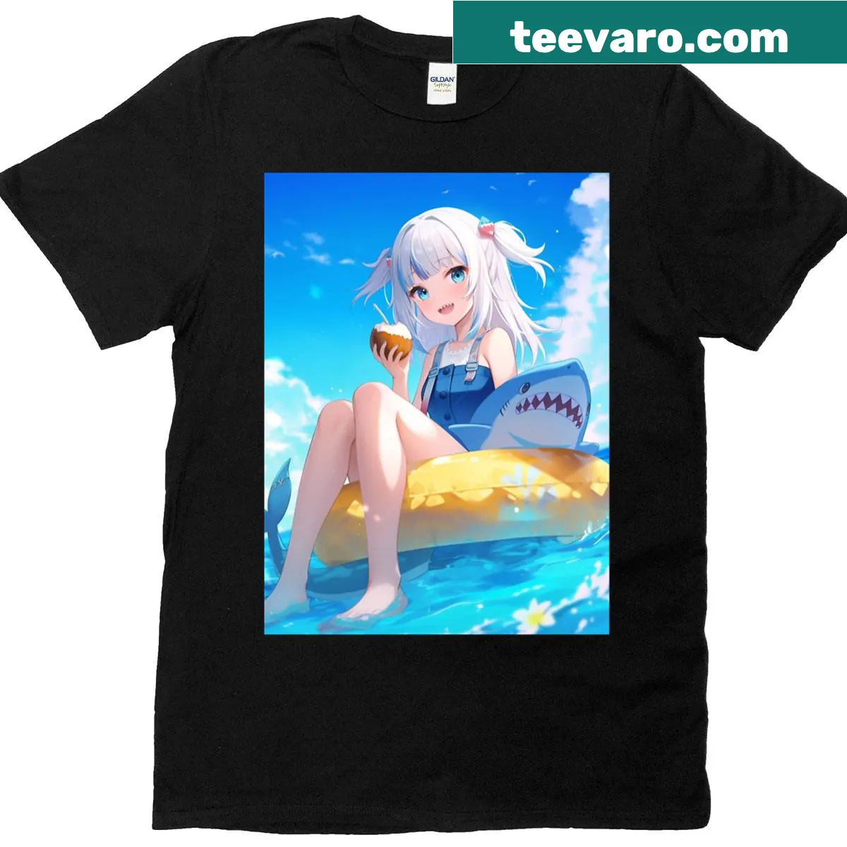 Gawr Gura summer-themed cartoon graphic t-shirt — on a men's t-shirt