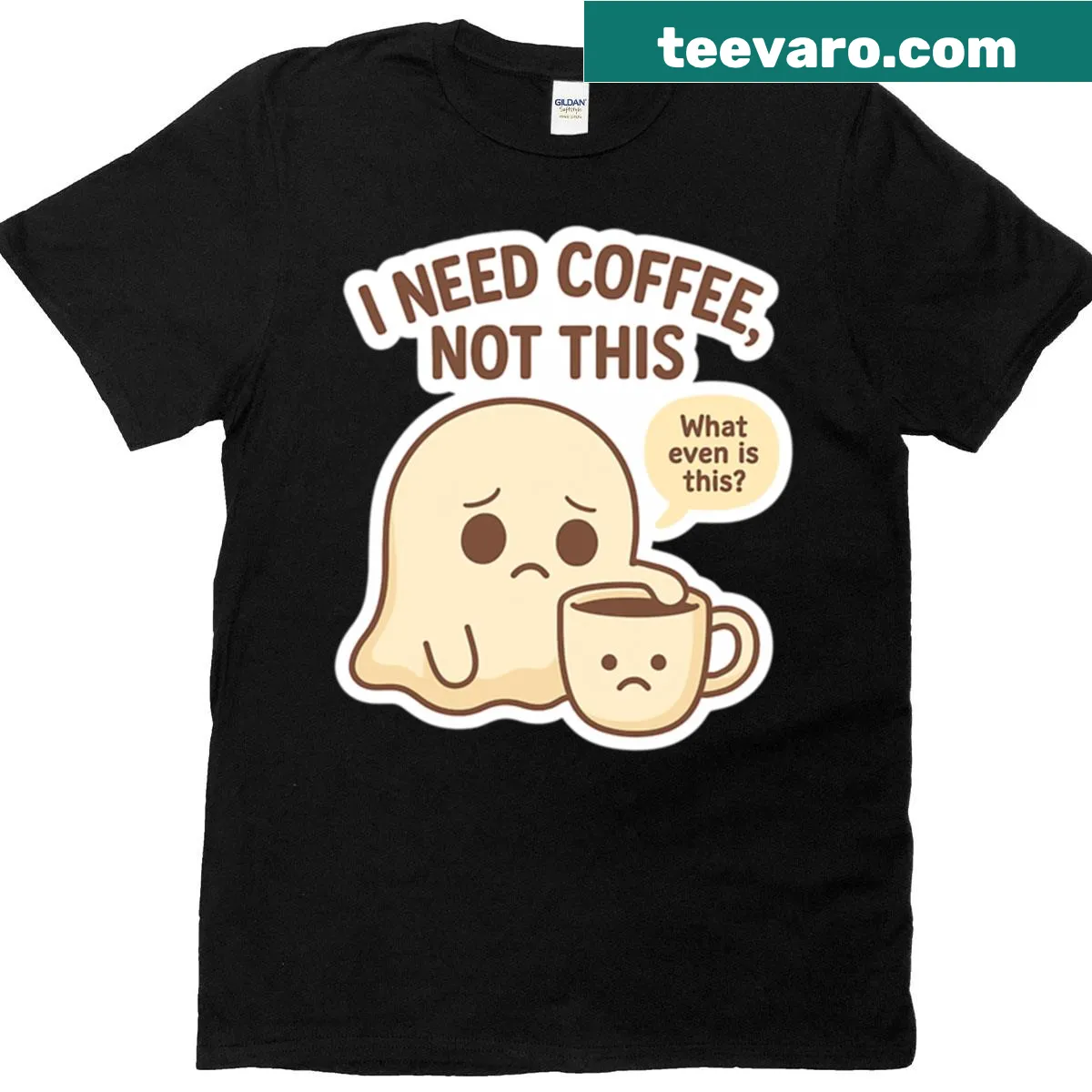 T-shirt with a quirky ghost and sad coffee cup illustration — on a men's t-shirt