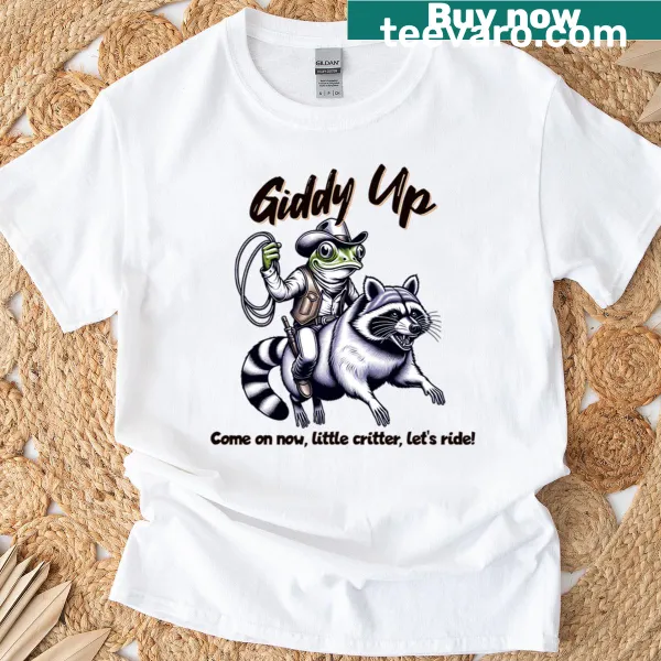 Cartoon frog riding a raccoon graphic on a t-shirt