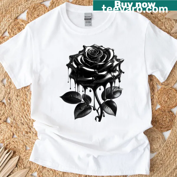 Black rose design with dripping details on a t-shirt.