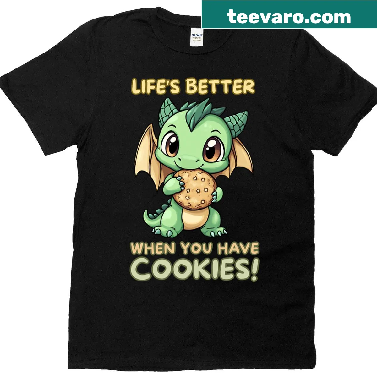 Cute green dragon biting a cookie with playful text — on a men's t-shirt