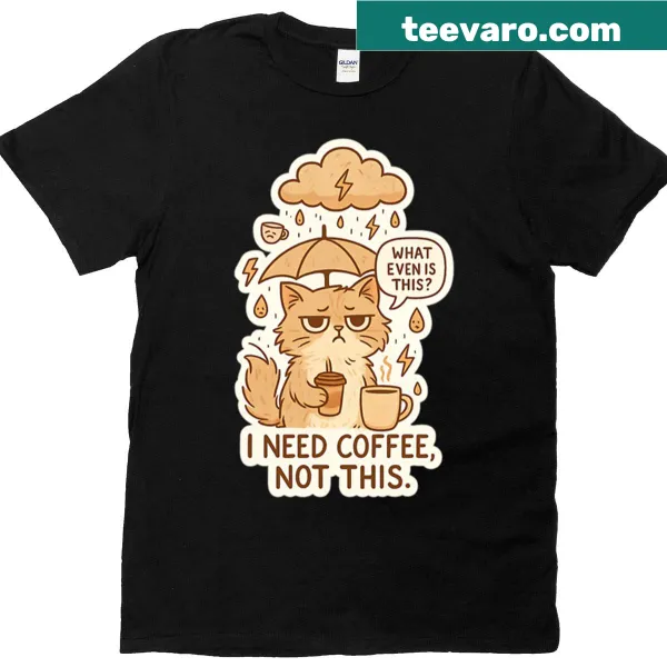 Playful T-shirt featuring a grumpy cat and coffee design