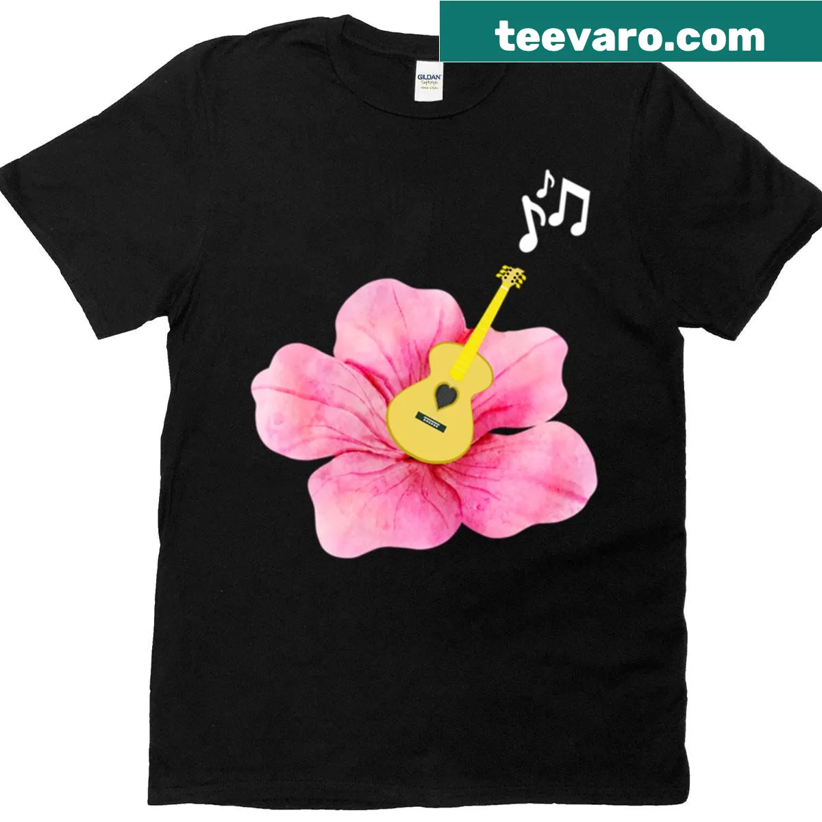 T-shirt featuring guitar motifs and hibiscus flowers for music lovers — on a men's t-shirt