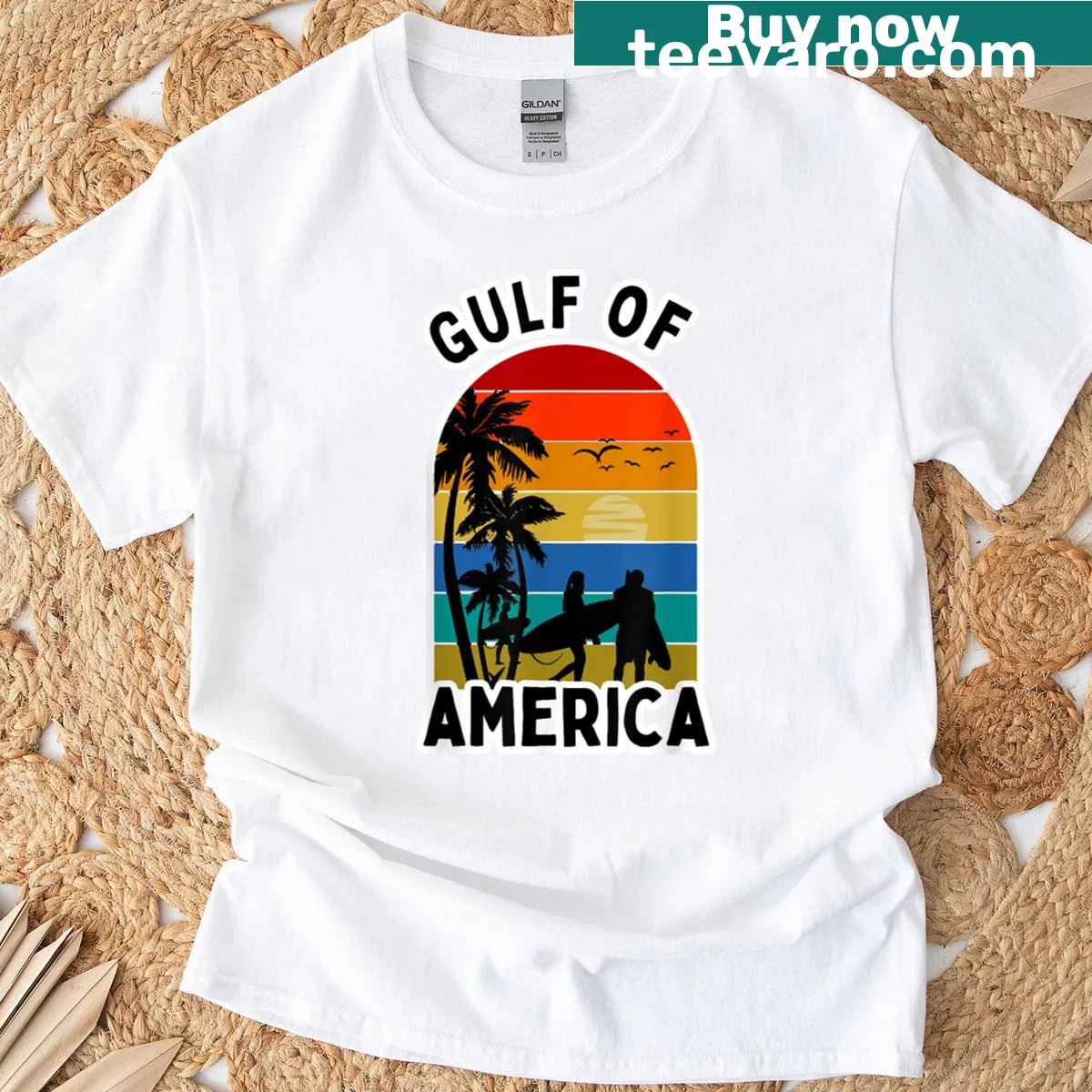 Retro Gulf Of America T-shirt featuring sunset and surf design — on a men's t-shirt