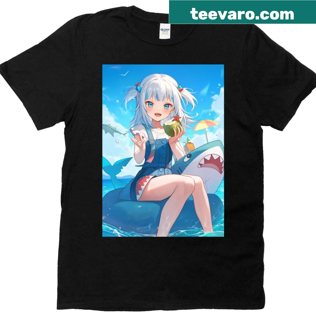 Summer-themed t-shirt featuring a playful Gura graphic — on a men's t-shirt