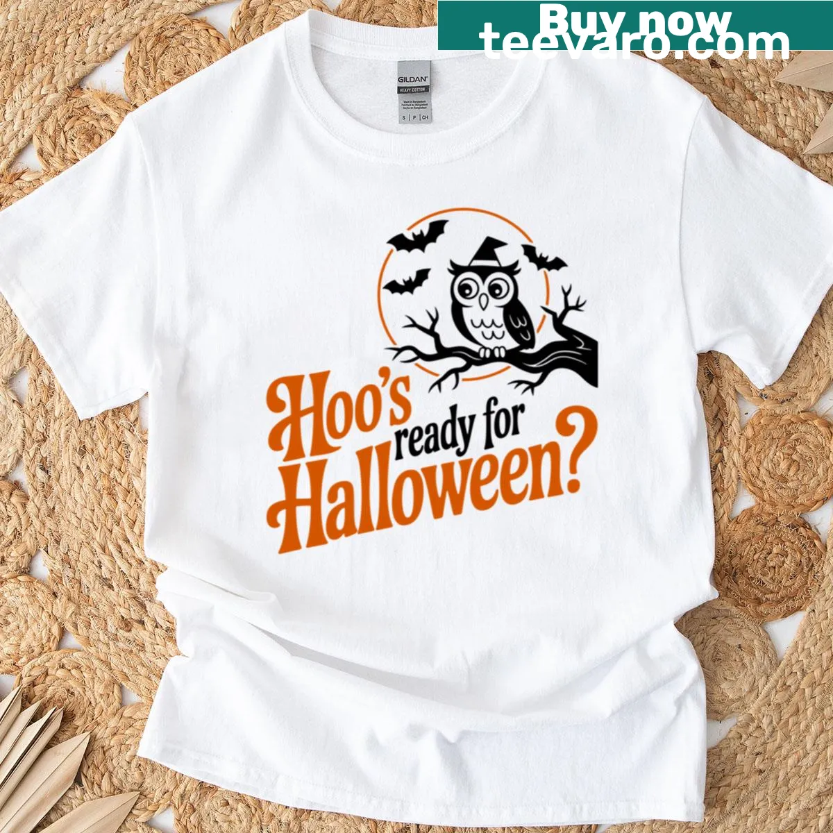 Cute Halloween-themed T-shirt with an owl and 'Hoos Ready' text — on a men's t-shirt