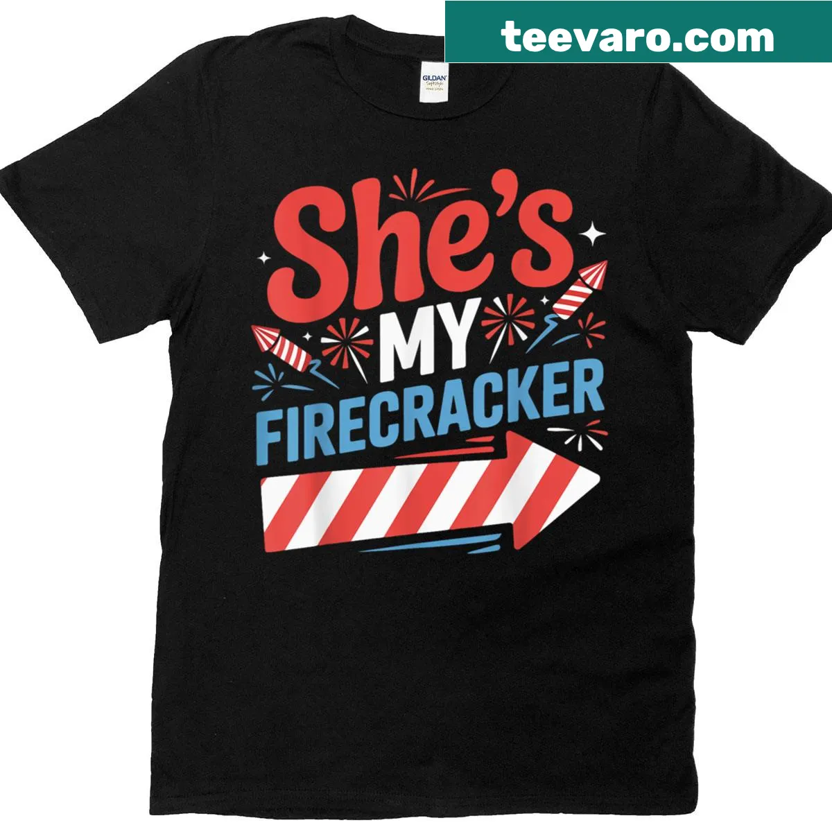 Couples 4th Of July shirt with 'She's My Firecracker' text — on a men's t-shirt