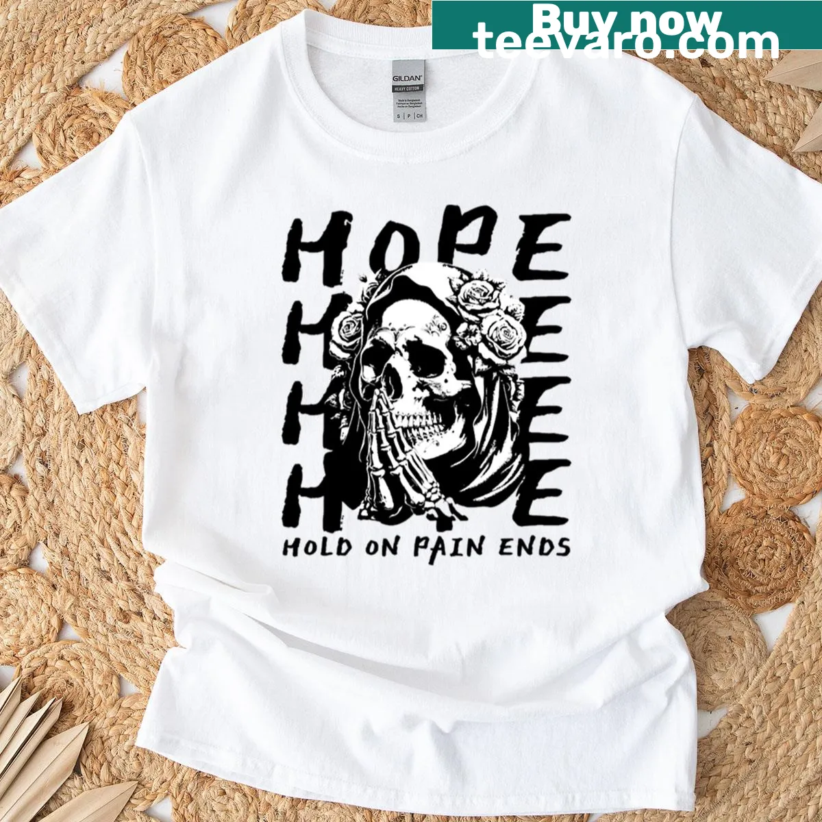 Gothic T-shirt with a skull design and motivational quote about pain — on a men's t-shirt