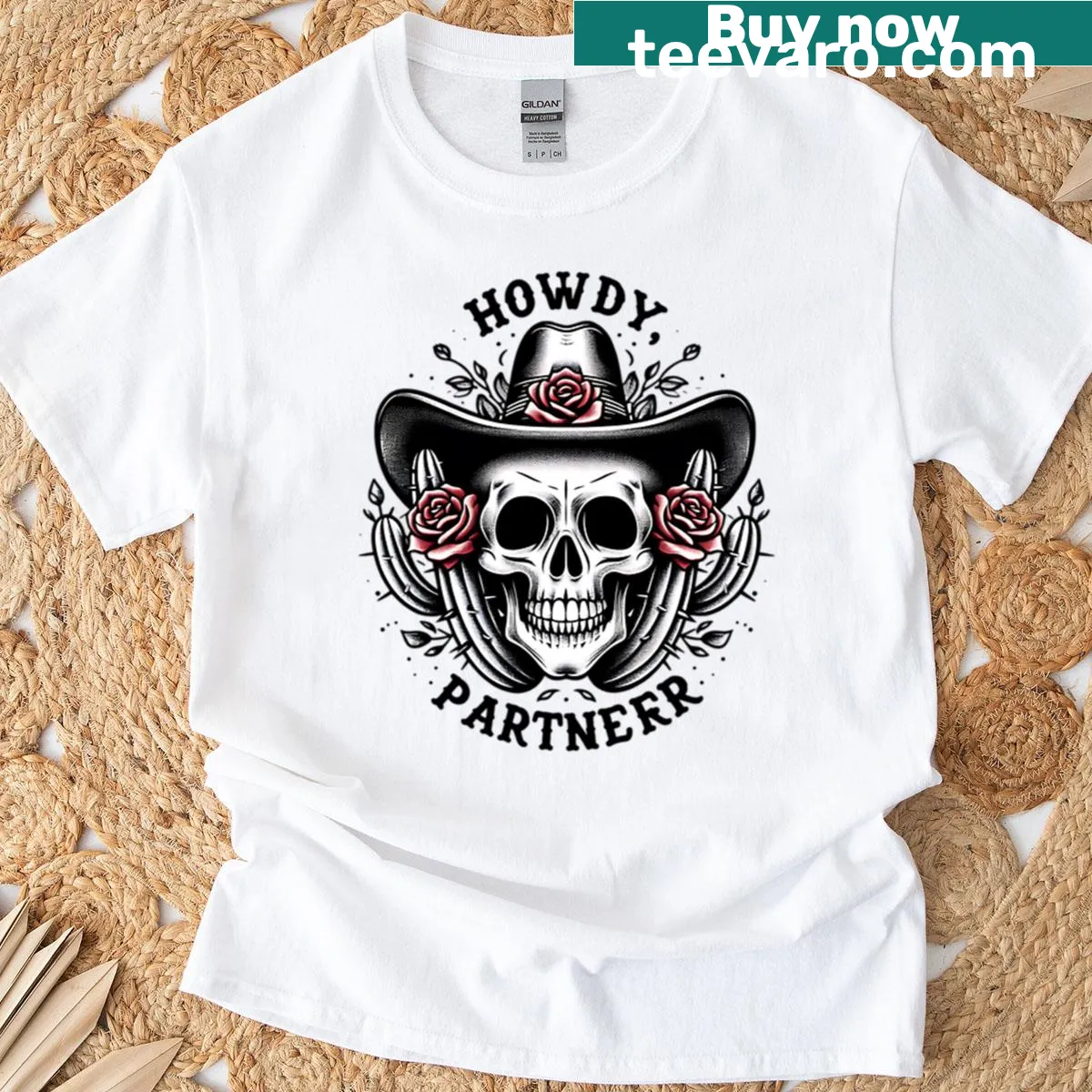 Playful T-shirt featuring 'Howdy Partner' in cowboy style — on a men's t-shirt