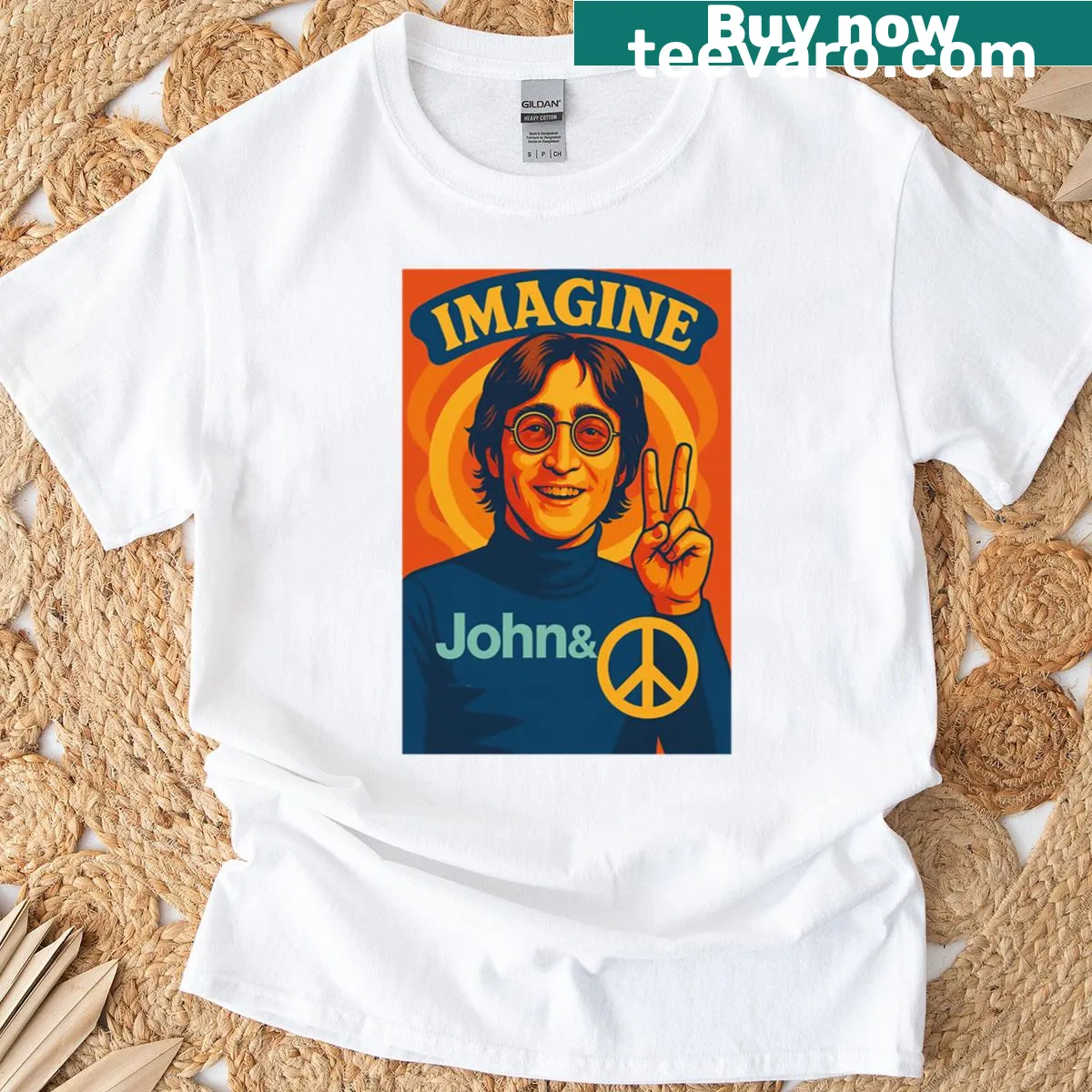 Whimsical T-shirt with the phrase 'Imagine John' in playful typography — on a men's t-shirt