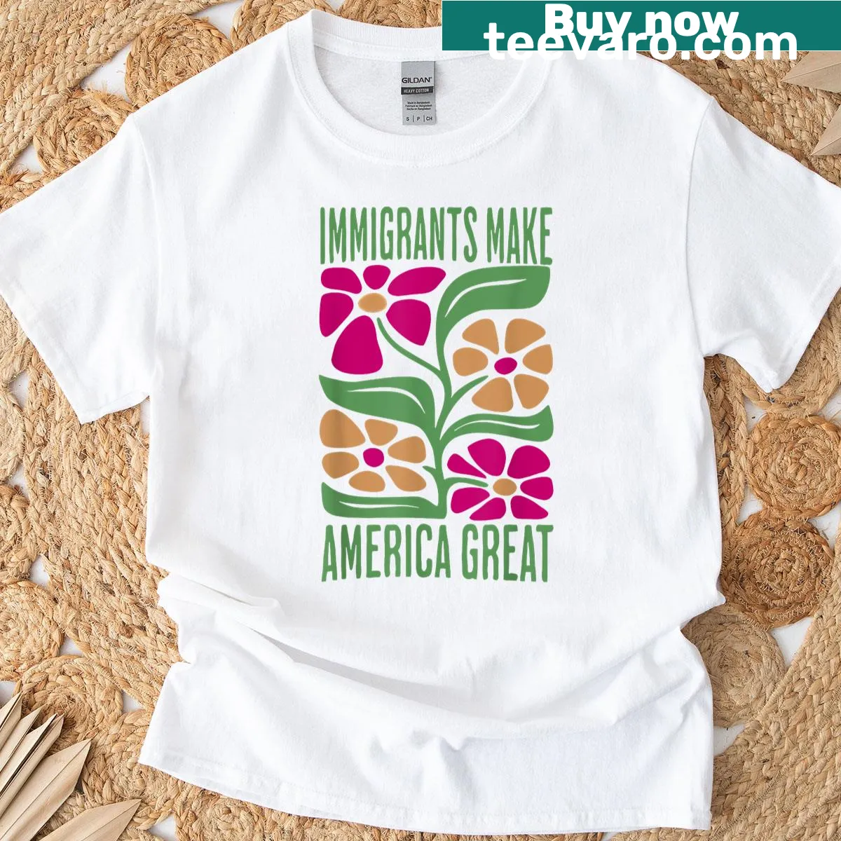 Retro T-shirt featuring 'Immigrants Make America Great' with floral designs. — on a men's t-shirt