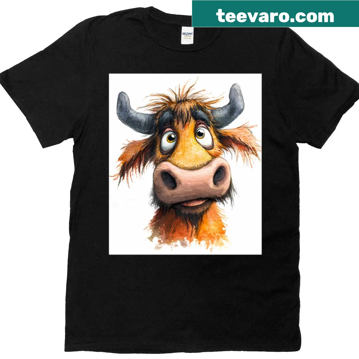 Whimsical cow illustration T-shirt titled 'Impasto Moo' — on a men's t-shirt