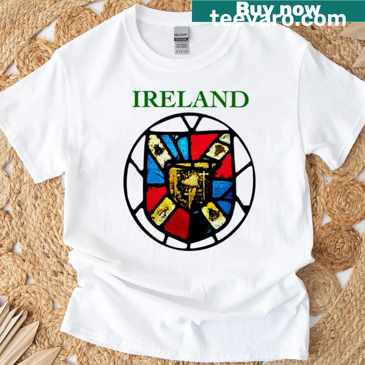 Irish heraldry shield graphic on T-shirt celebrating heritage — on a men's t-shirt
