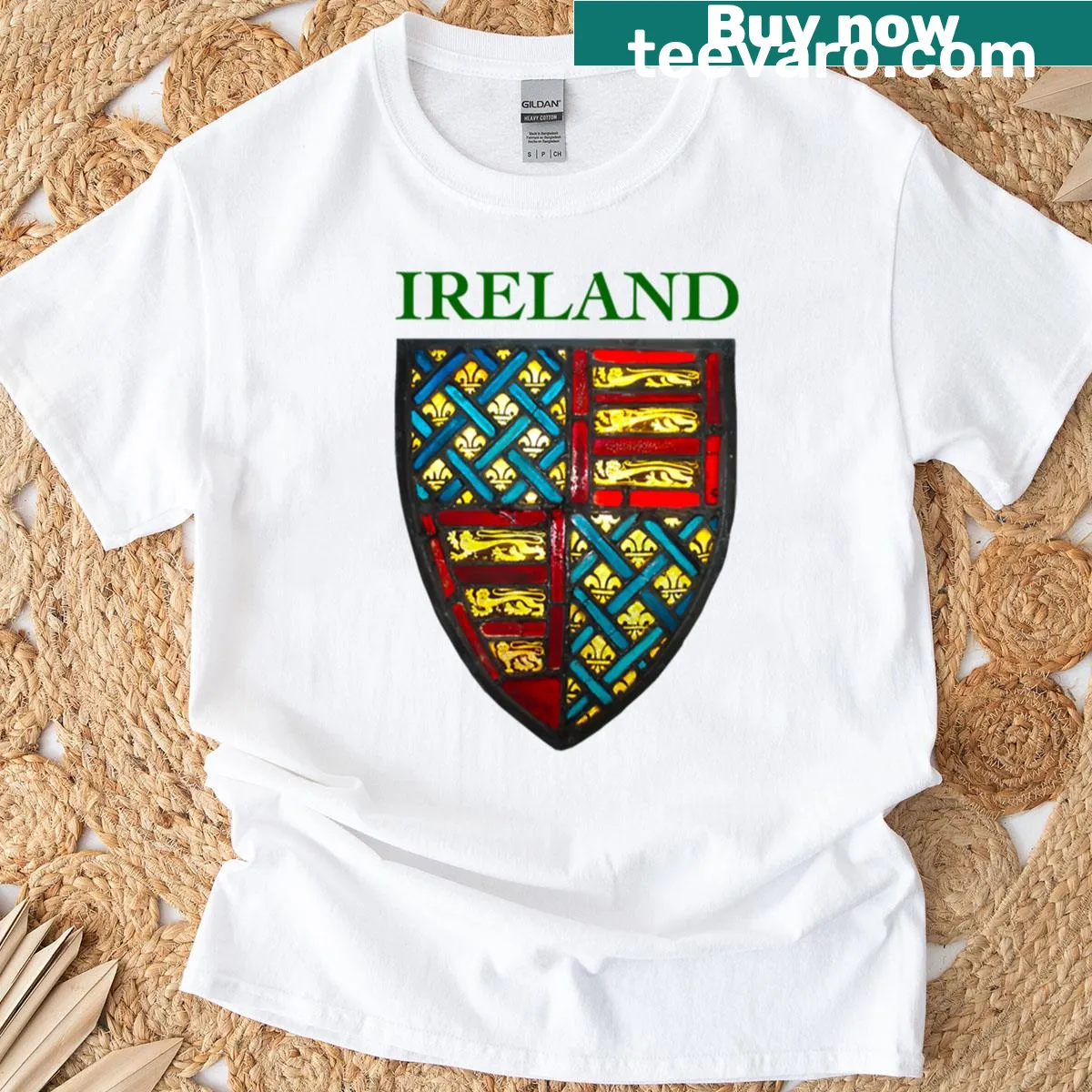 Stained glass heraldry design T-shirt celebrating Irish culture — on a men's t-shirt