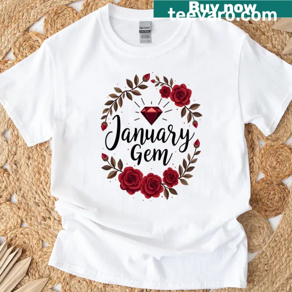 Stylish T-shirt displaying January garnet birthstone graphic