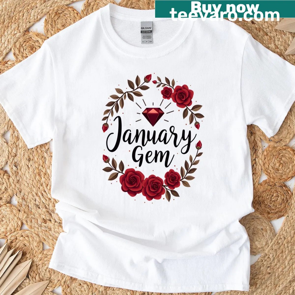 Stylish T-shirt displaying January garnet birthstone graphic — on a men's t-shirt