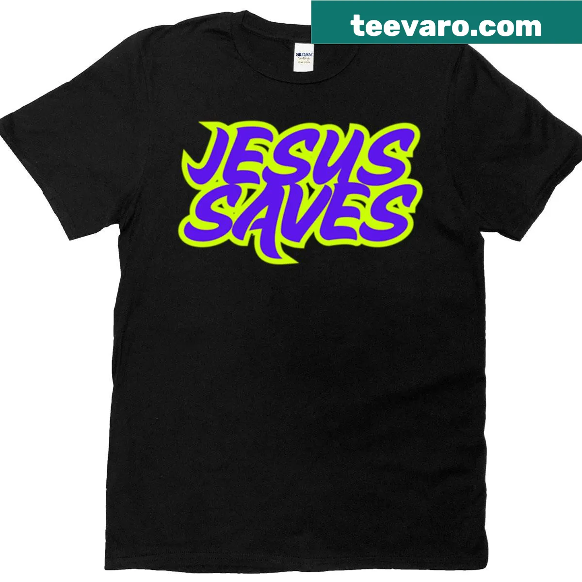 Jesus Saves graphic T-shirt with bold typography — on a men's t-shirt