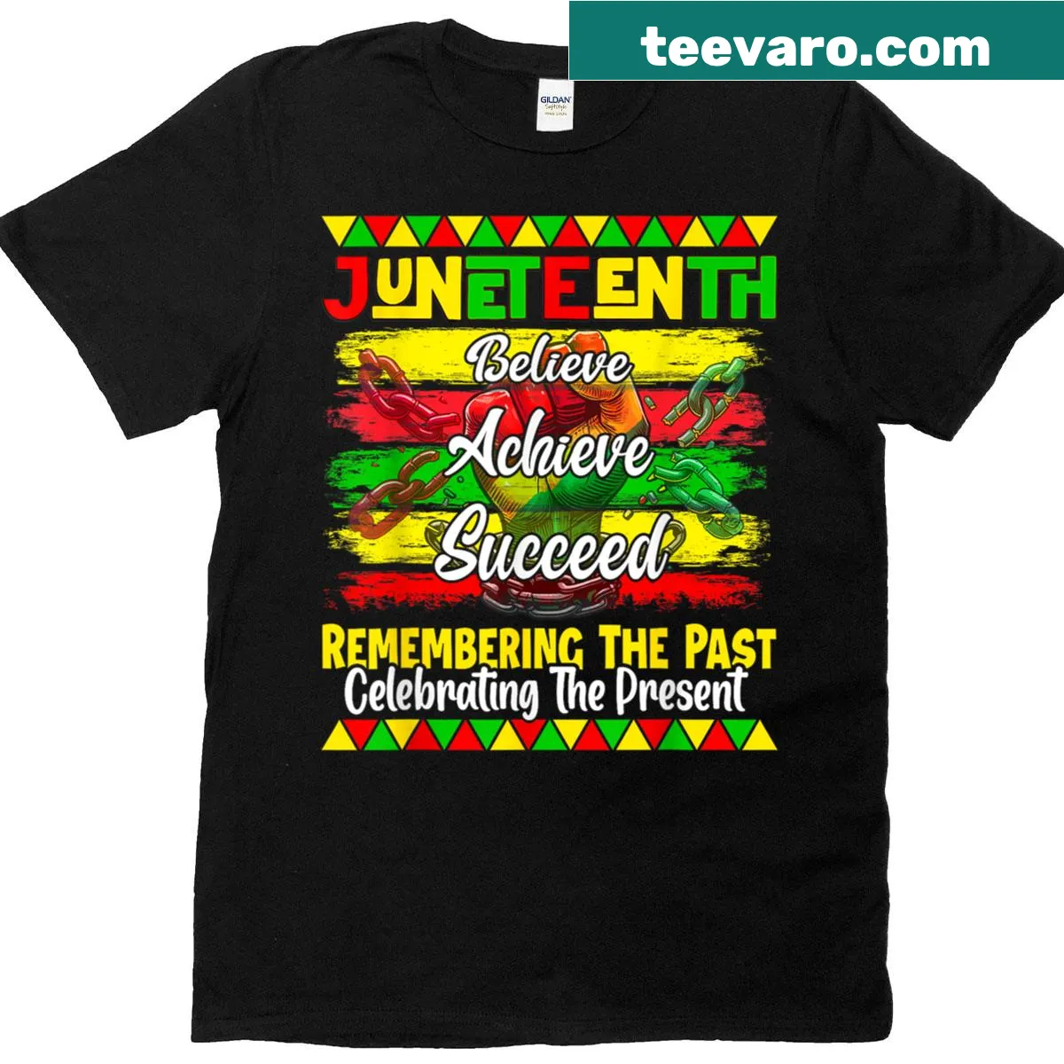 Juneteenth independence declaration T-shirt with bold text — on a men's t-shirt