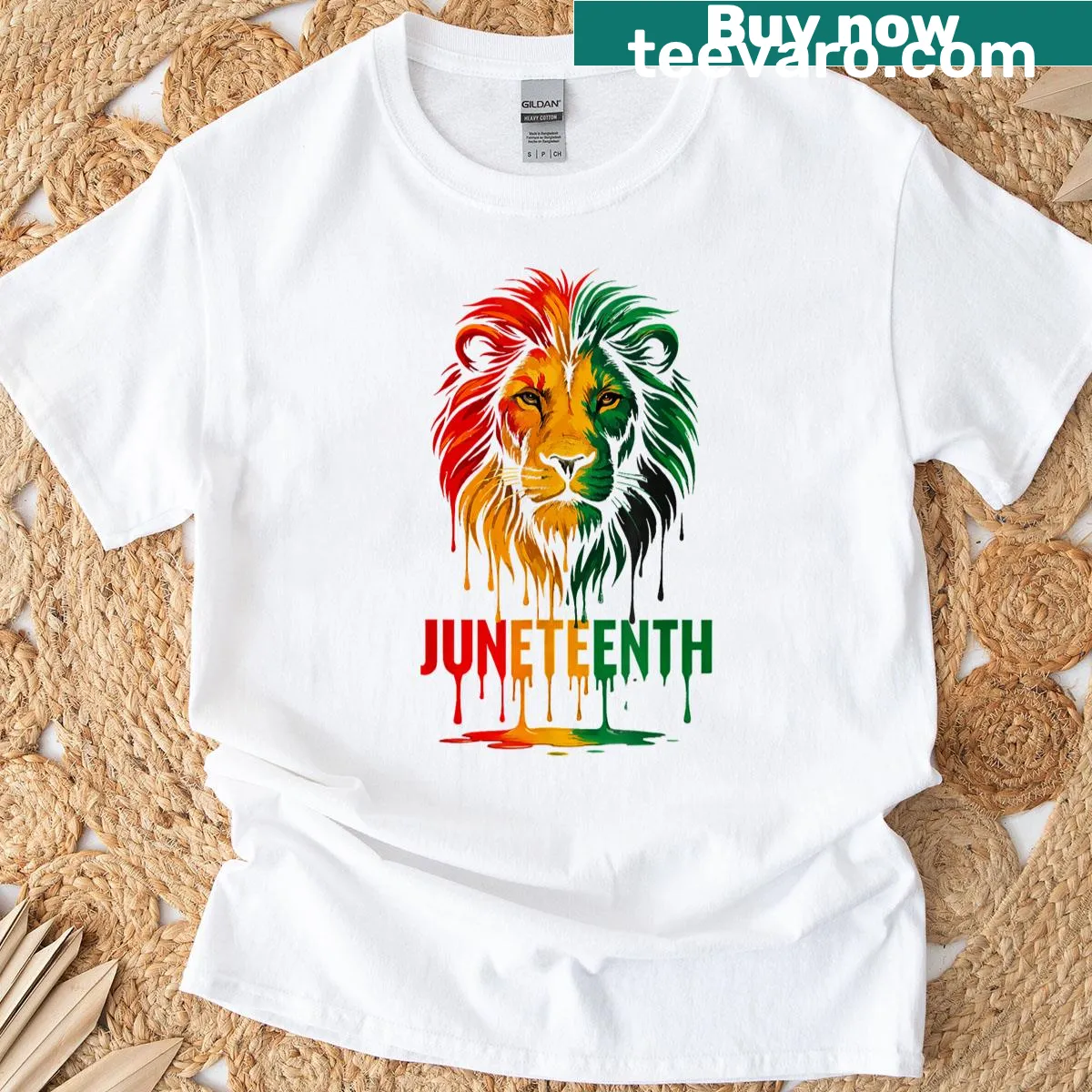 T-shirt with bold lion graphic and Juneteenth date. — on a men's t-shirt