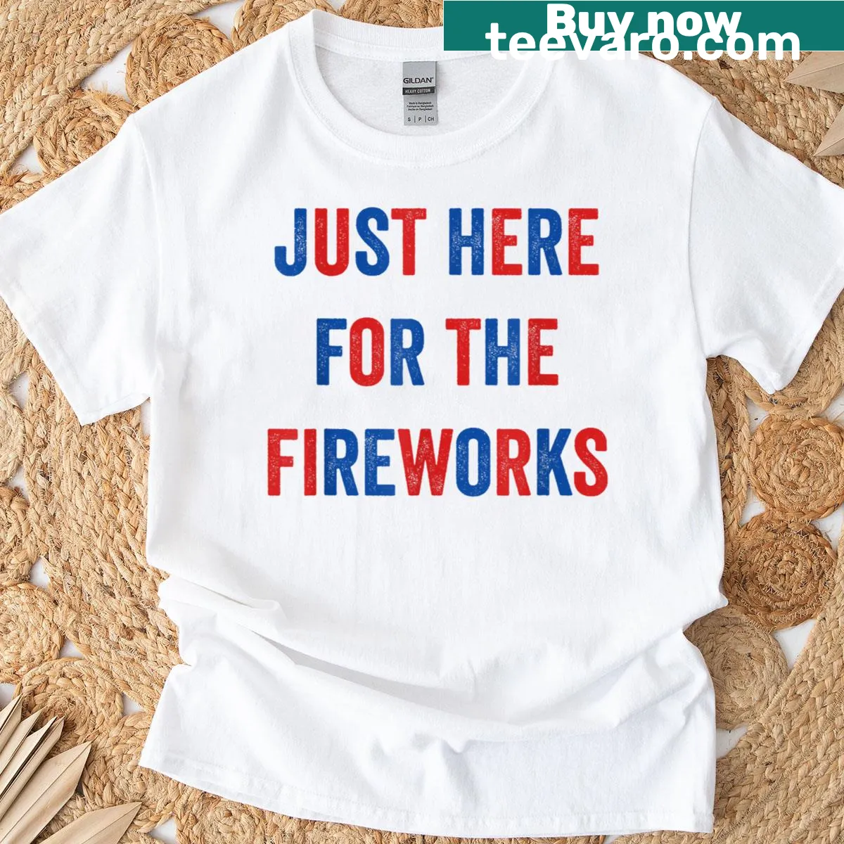 Couple's T-shirt with humorous Fourth of July fireworks theme — on a men's t-shirt