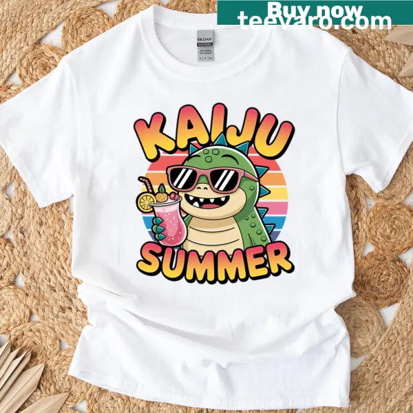 T-shirt featuring a cartoon dinosaur with a mocktail