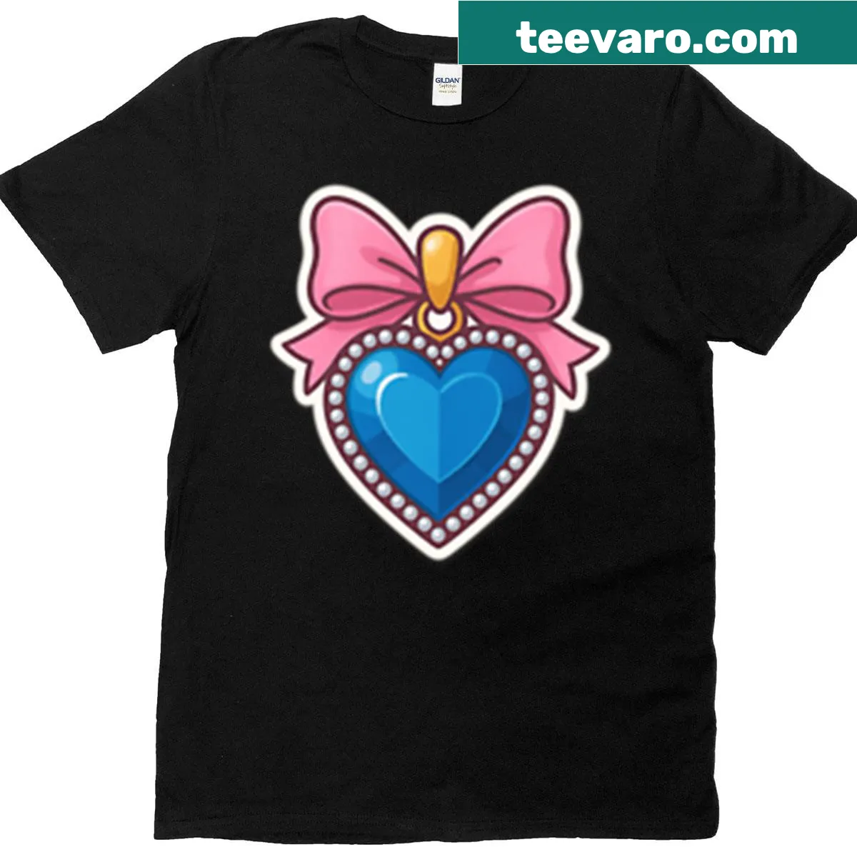 Kawaii heart jewel graphic T-shirt with pink bow design — on a men's t-shirt
