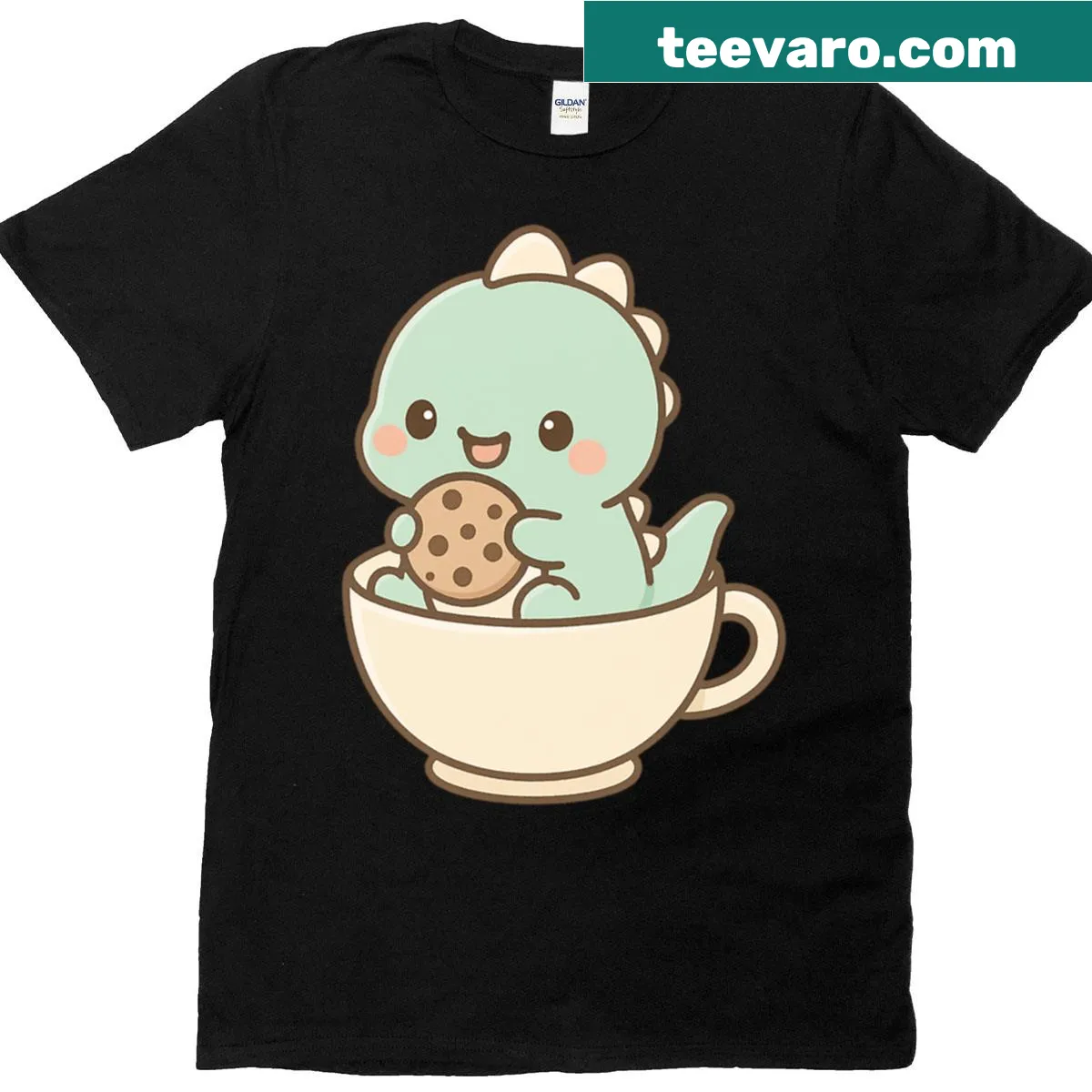 Kawaii dinosaur in a teacup illustration on a fun t-shirt — on a men's t-shirt