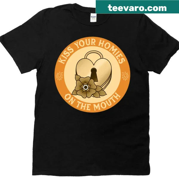 Funny bro meme t-shirt with text 'Kiss Your Homies On The Mouth'