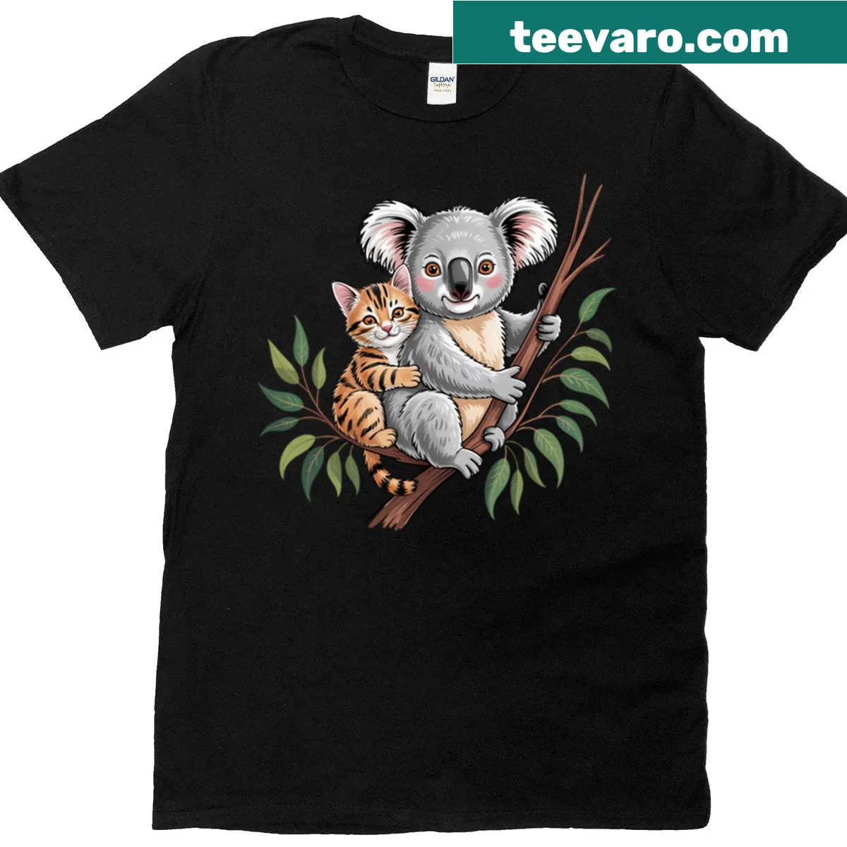T-shirt featuring a cute illustration of a kitty and a koala bear — on a men's t-shirt