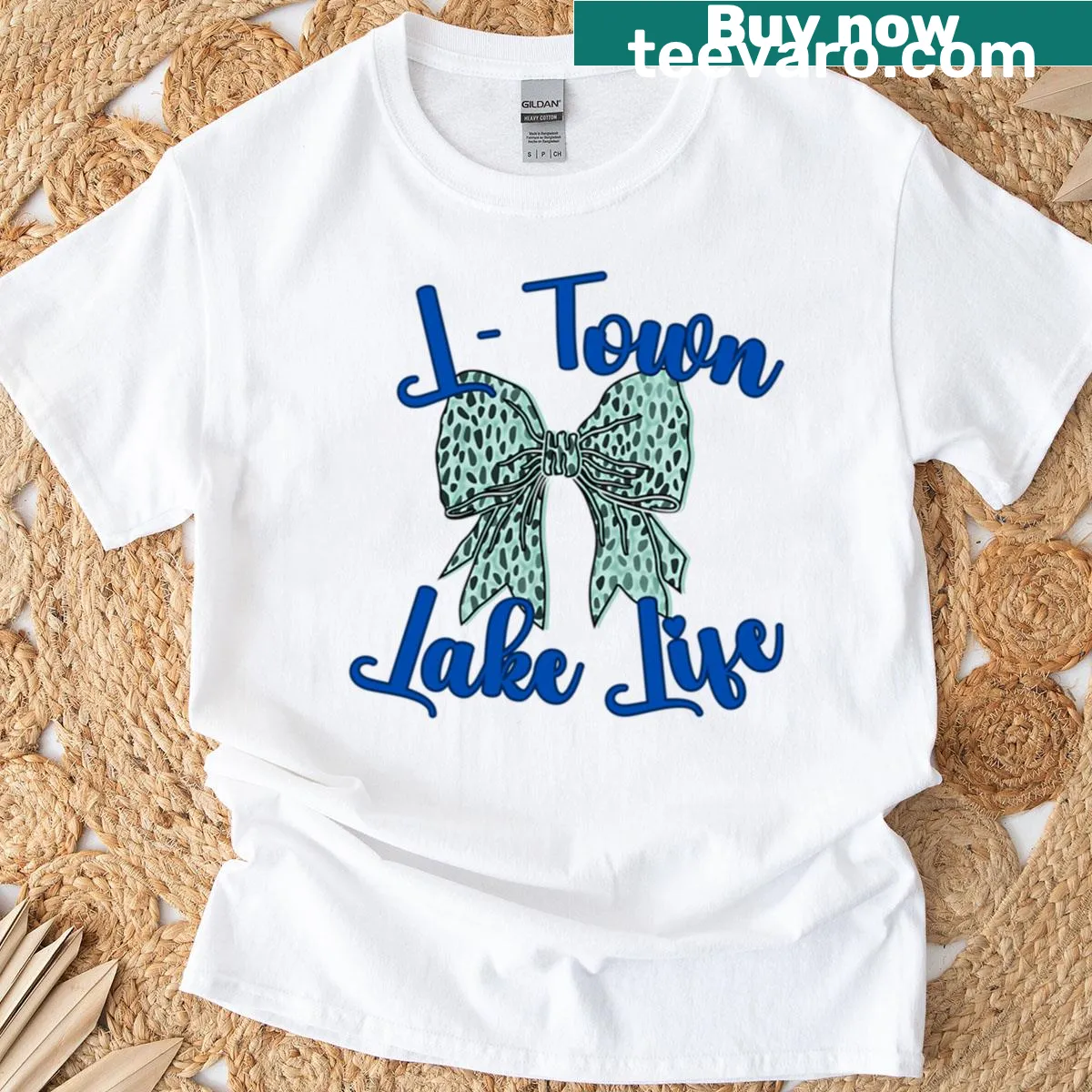 Bow design with animal print camo on a lake life-themed T-shirt — on a men's t-shirt