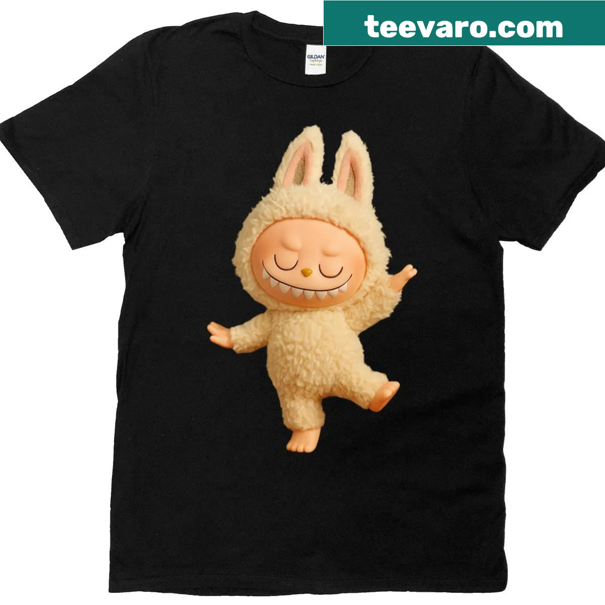 Illustrated Labubu character dancing on a playful T-shirt — on a men's t-shirt