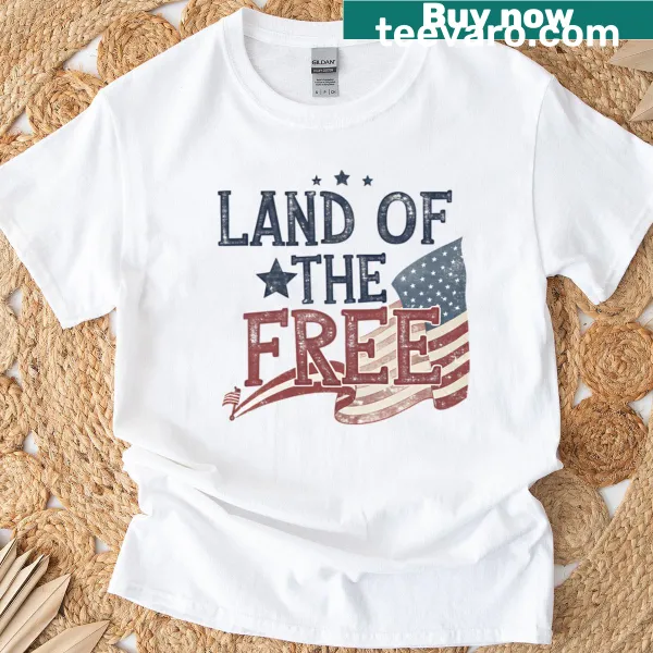 Bold 'Land Of The Free' graphic on July 4th themed t-shirt