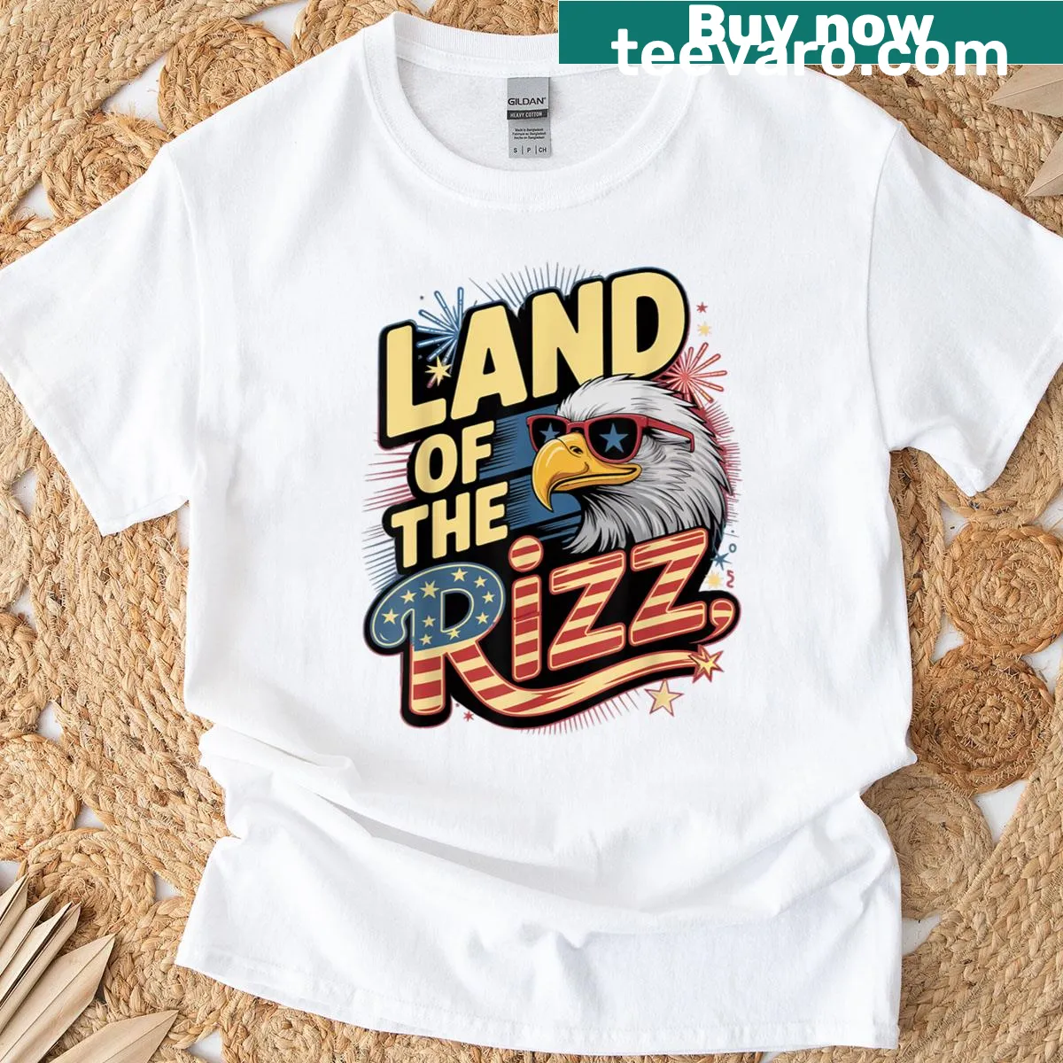 Bold text 'Land Of The Rizz' on July 4th themed t-shirt — on a men's t-shirt