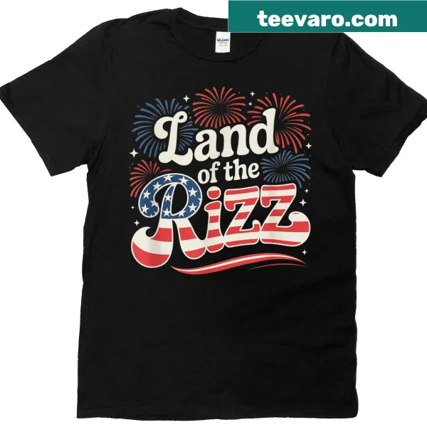 Funny patriotic t-shirt featuring US flag and 'Land Of The Rizz' text