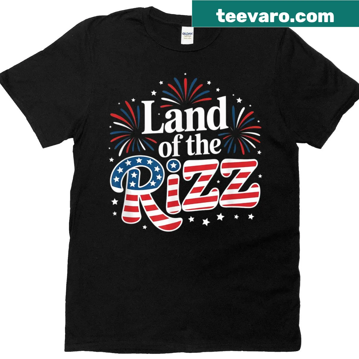 Funny vintage-style t-shirt with 'Land Of The Rizz' and US flag — on a men's t-shirt