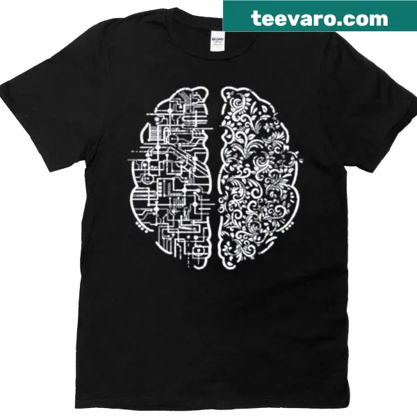 T-shirt displaying 'Left Brain Right Brain' text in a creative design