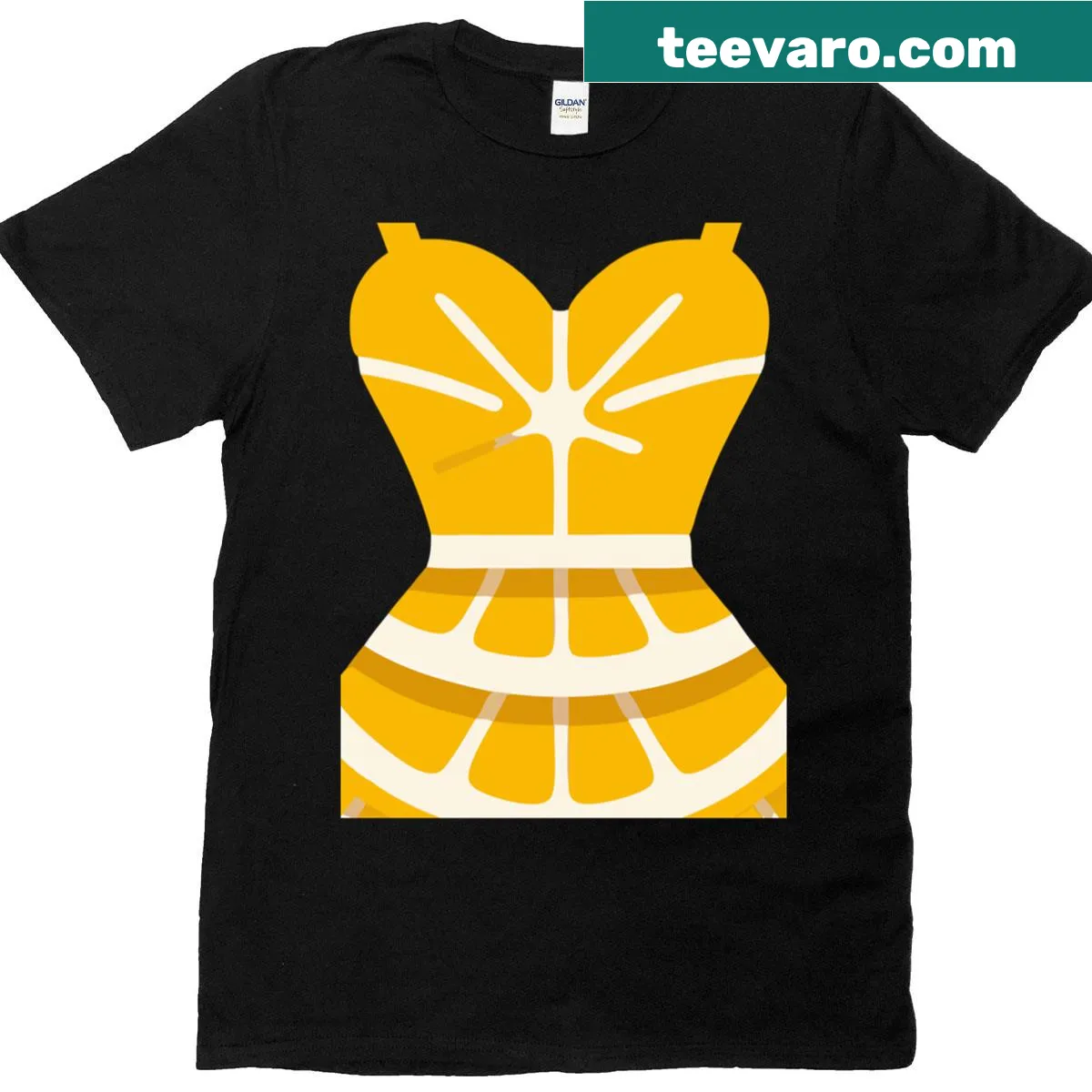 Fashion illustration of a lemon slice dress on a t-shirt. — on a men's t-shirt