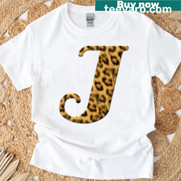 Leopard print letter J graphic on a trendy T-shirt