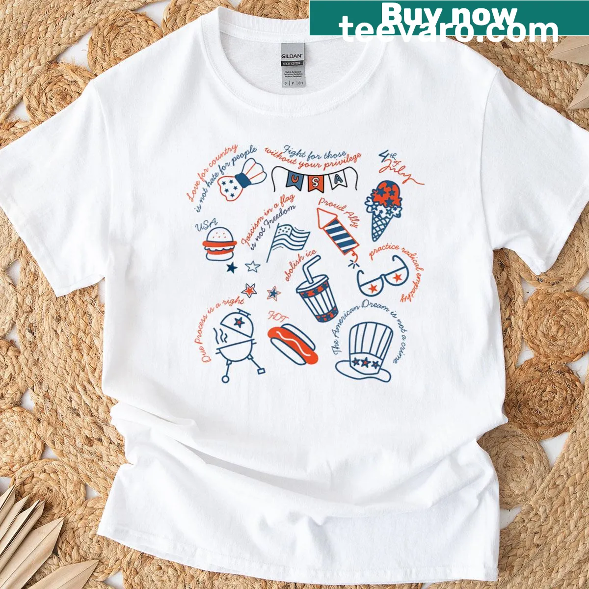 Doodle design T-shirt for 4th of July with hot dog and feminist themes — on a men's t-shirt
