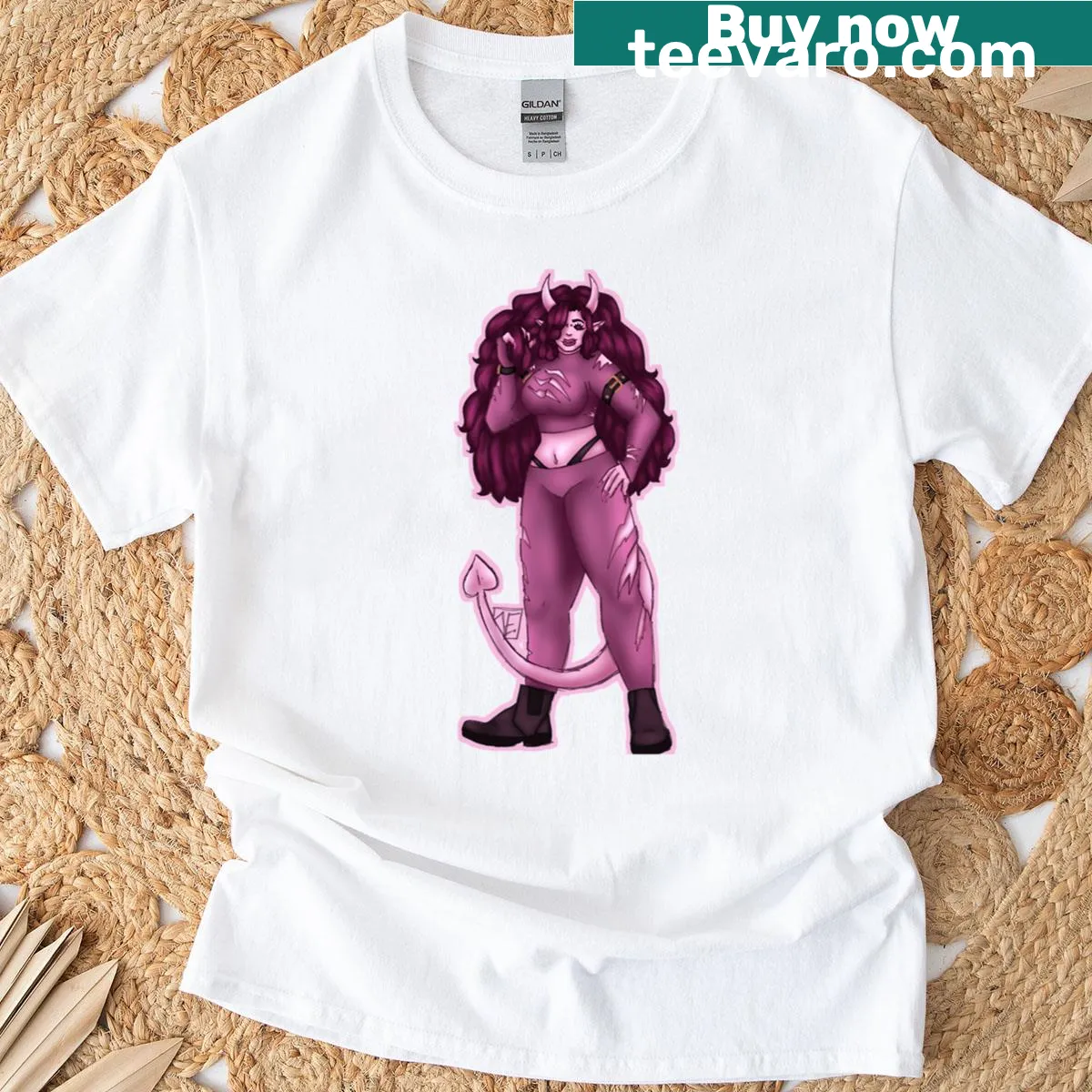 Illustrated t-shirt featuring Livie the Pink Succubus in a whimsical design — on a men's t-shirt