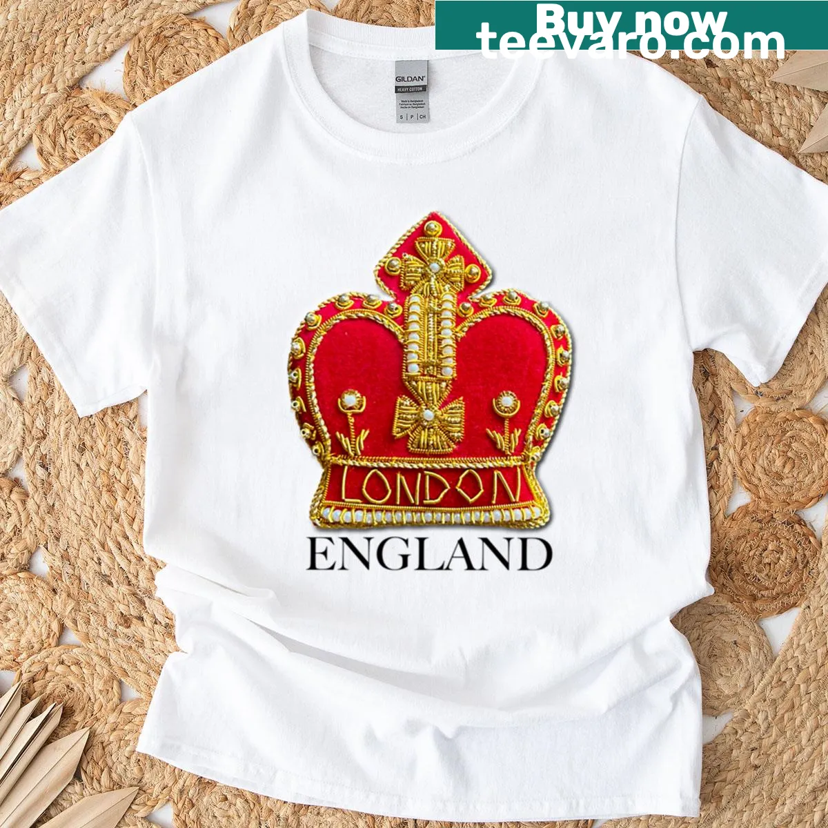 T-shirt featuring a crown design representing London, England — on a men's t-shirt