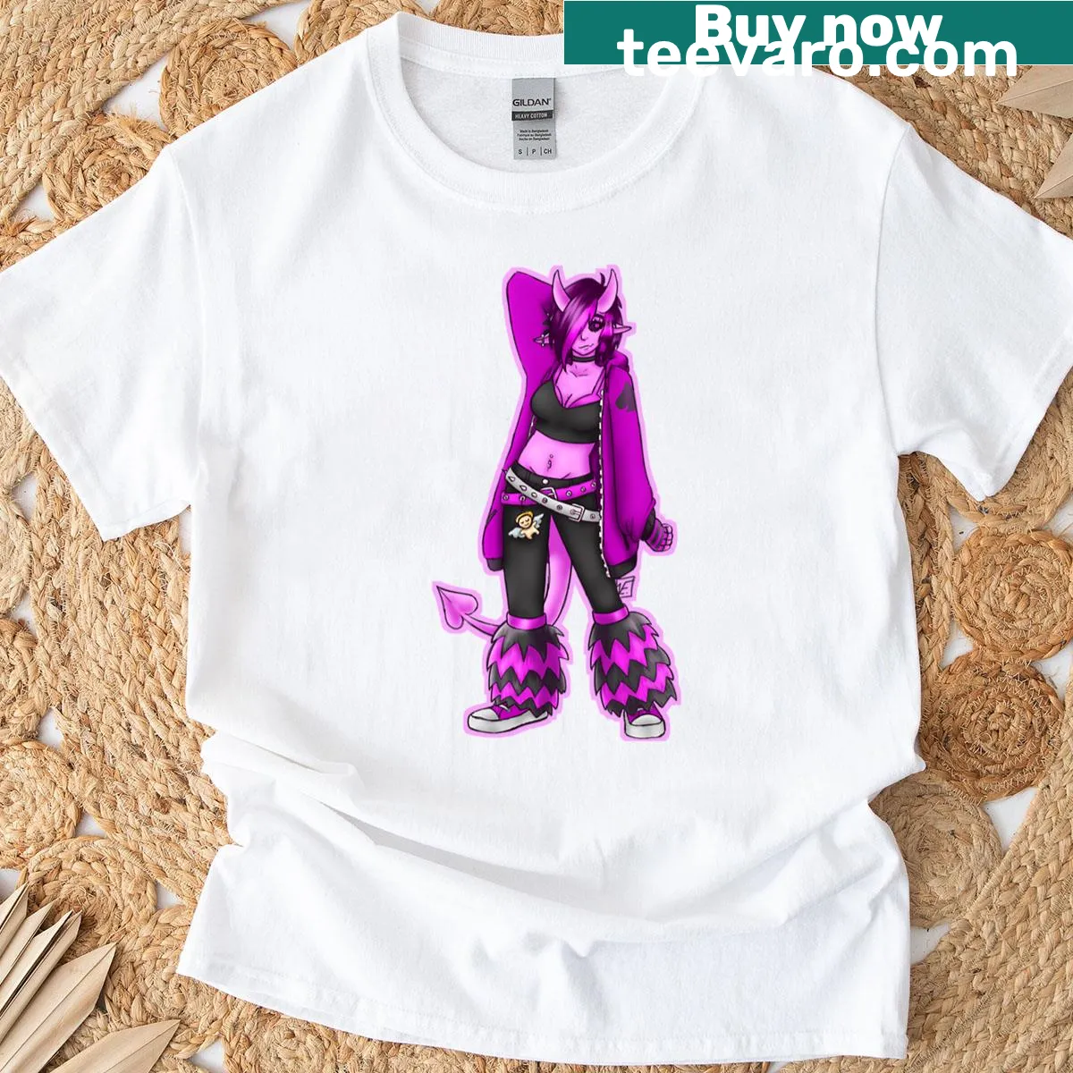 Illustrated T-shirt featuring Lucia the Succubus character — on a men's t-shirt