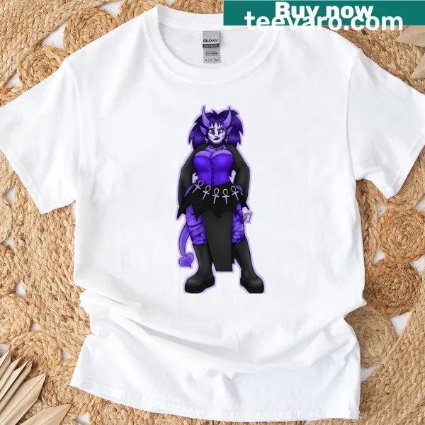 Whimsical illustration of Lucille the Purple, a succubus character on a T-shirt