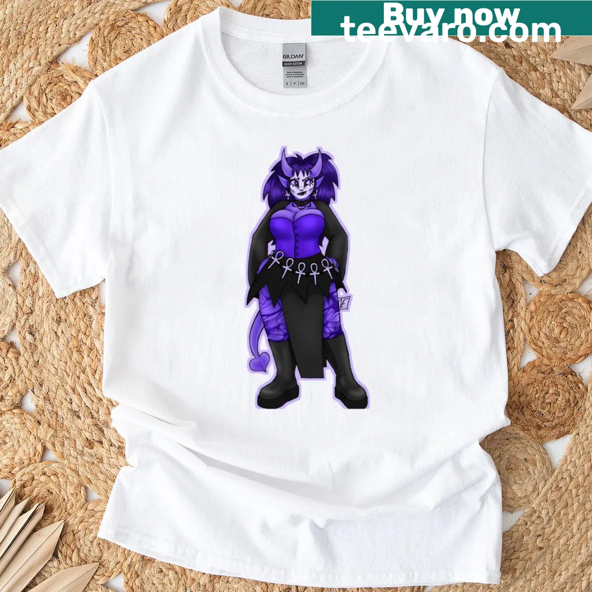 Whimsical illustration of Lucille the Purple, a succubus character on a T-shirt — on a men's t-shirt