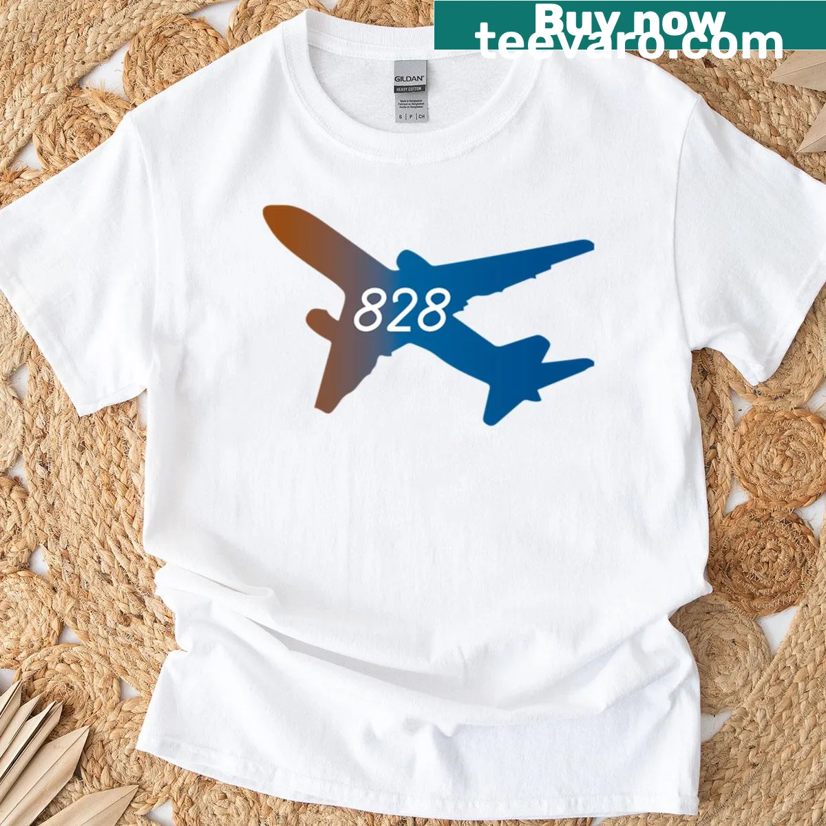 Minimalist T-shirt with flight number 828 graphic — on a men's t-shirt