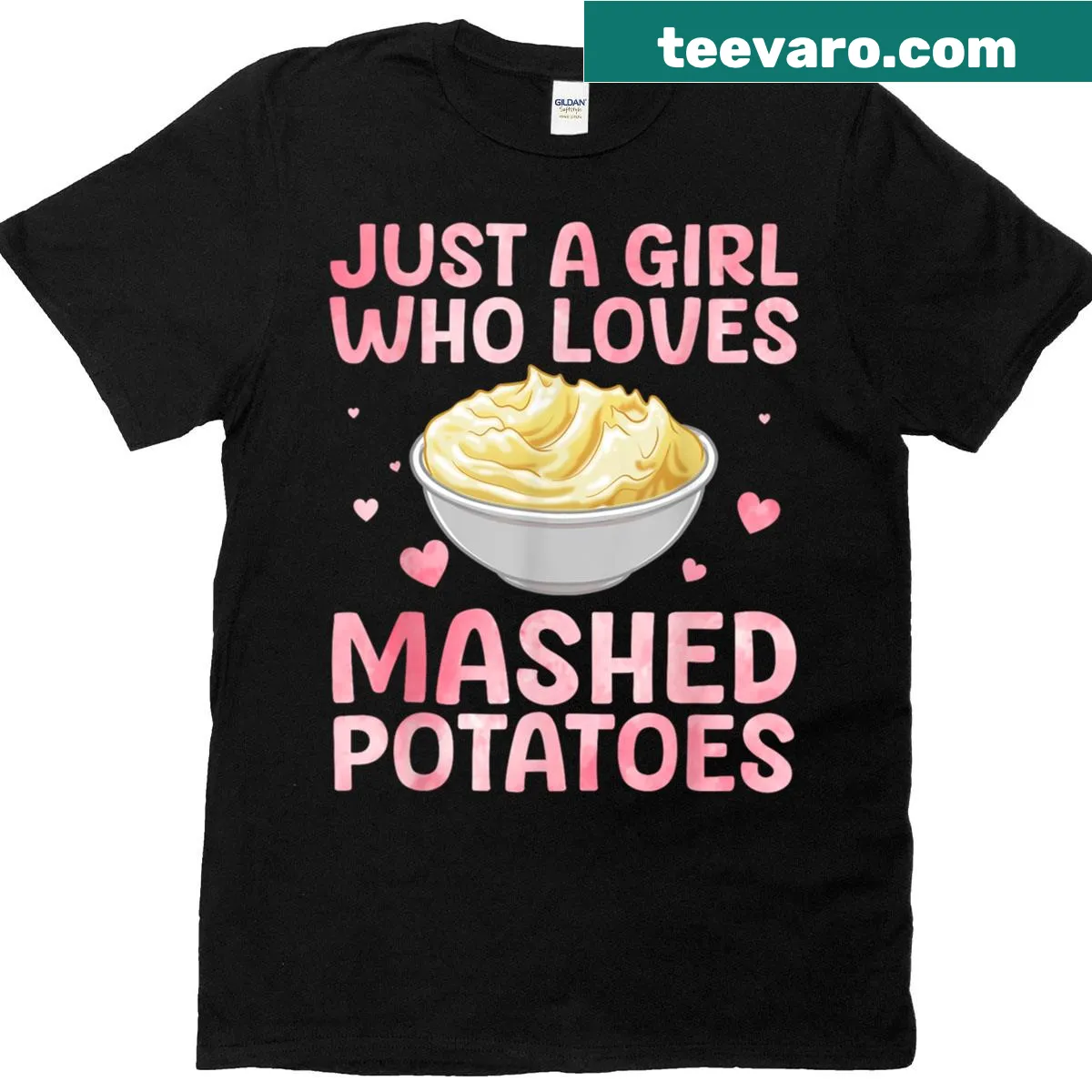 Cartoon graphic T-shirt celebrating mashed potatoes for Thanksgiving — on a men's t-shirt